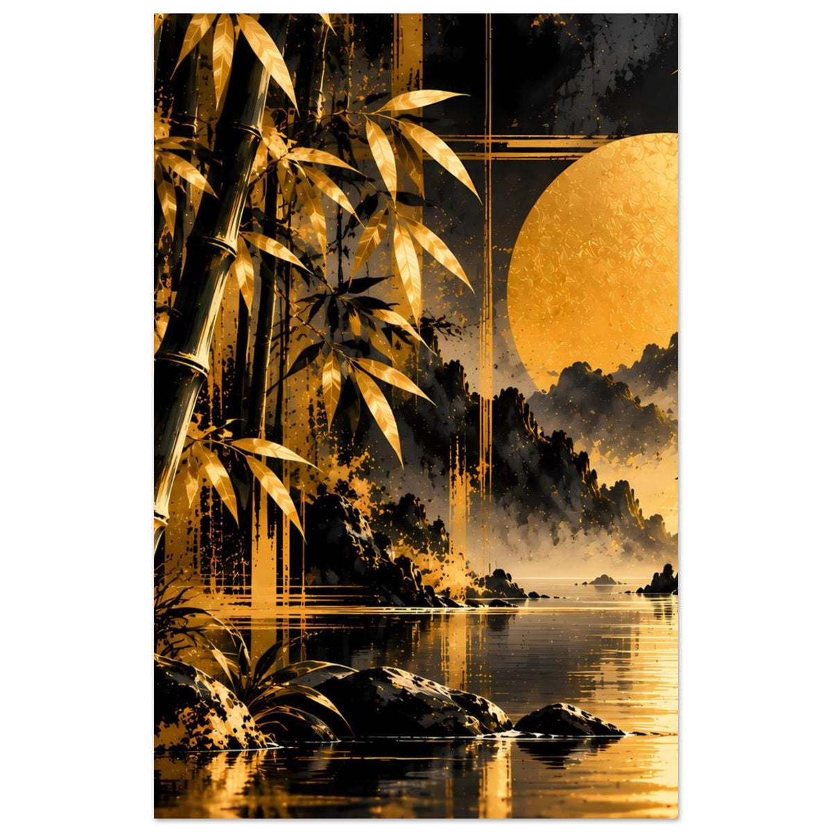 Kleines Hochformat-Poster mit goldenen Bambusblättern, gelbem Mond und stiller Uferlinie