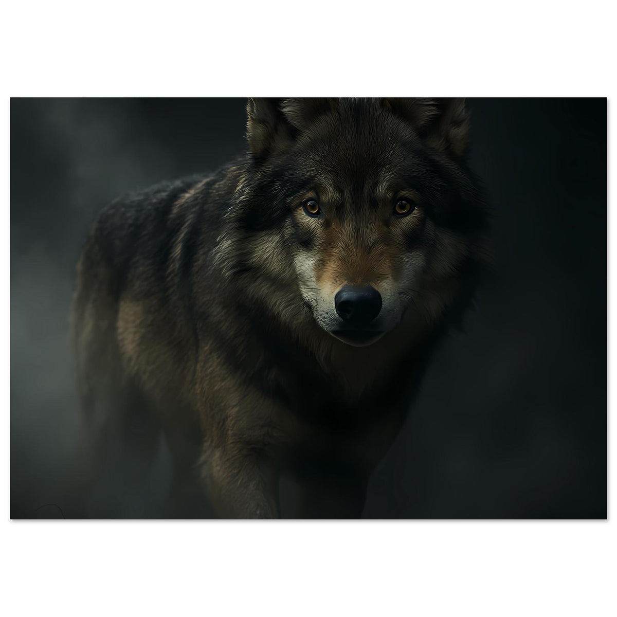 Wolfsposter mit Nahaufnahme eines grauen Wolfs, Blick nach vorn, horizontal