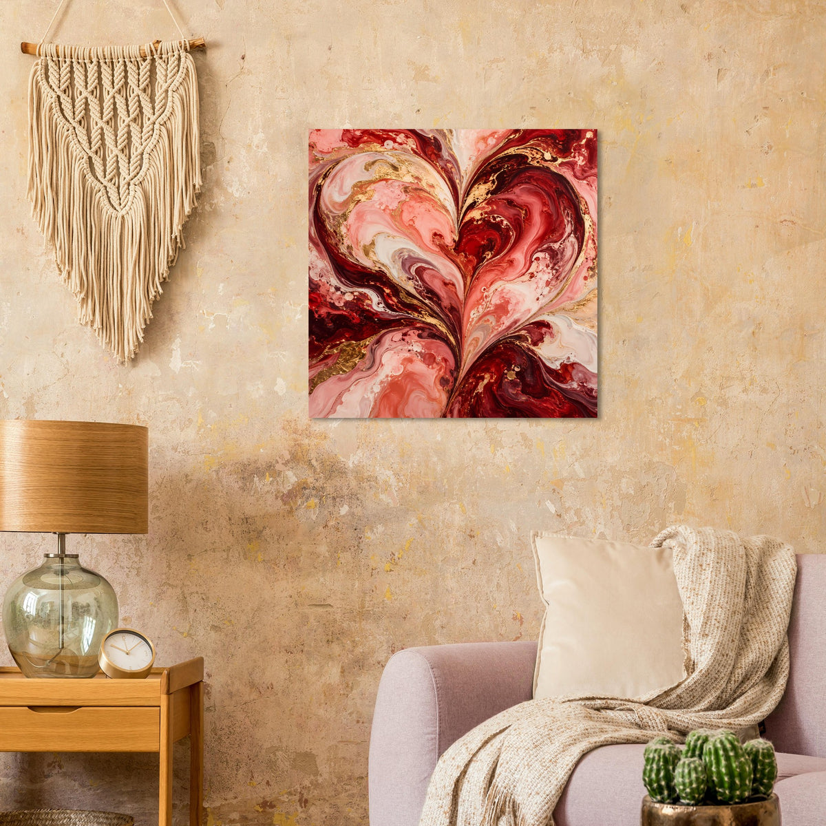 Wandposter mit abstraktem Herz in Rot, Rosa und Gold, kunstvoller Marmor-Look