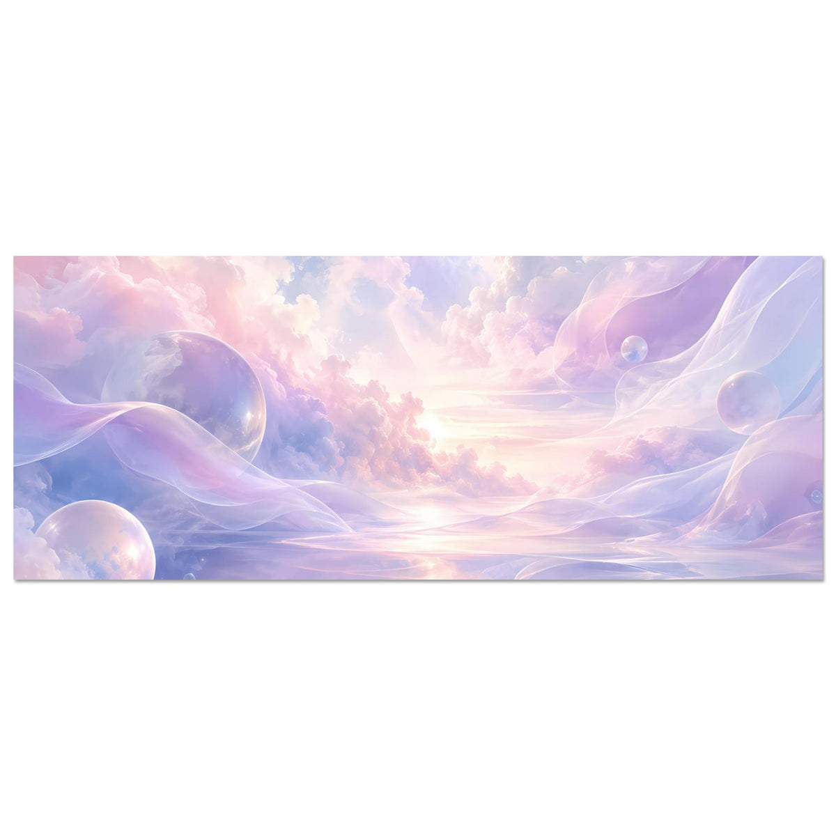 Horizontales Poster mit pastellfarbenem Wolkenhimmel, schimmernden Kugeln und Schleiern