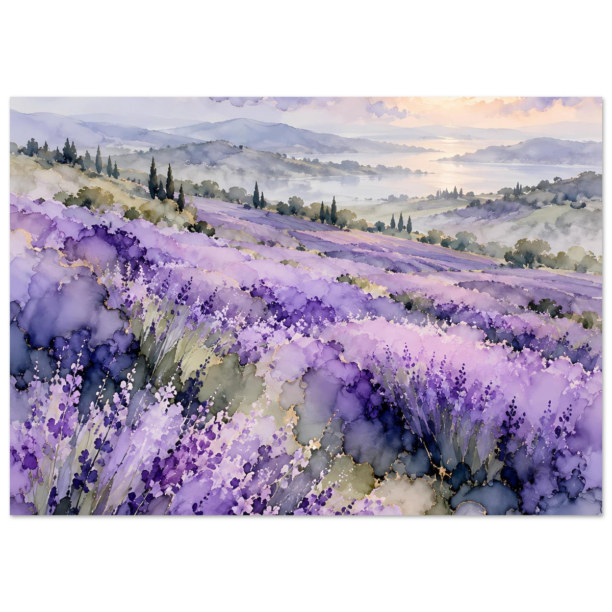 Aquarell-Landschaftsposter mit Lavendelfeldern in Violett, weichem Nebel und warmem Licht
