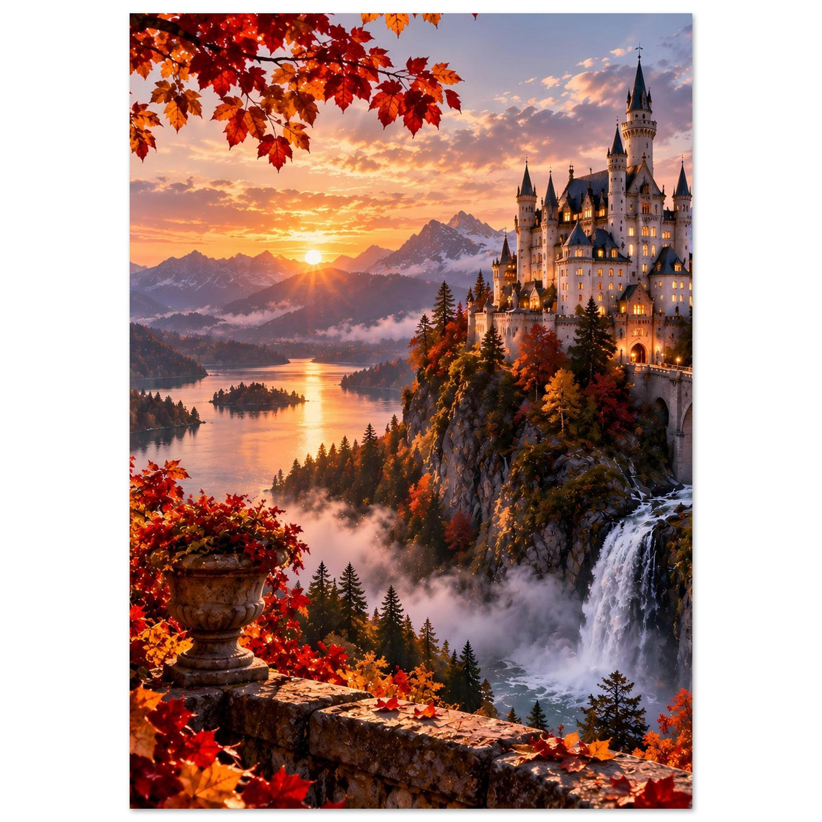 Vertikales Poster mit Schloss am Wasser, Sonnenuntergang am Horizont, Herbstlaub, matt