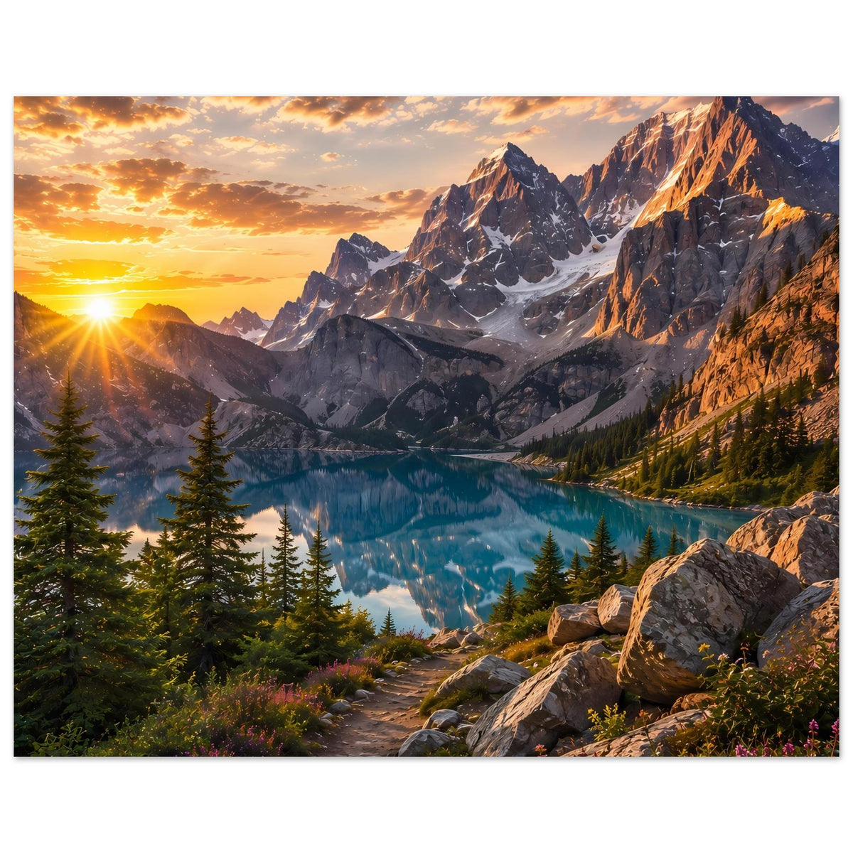 Horizontales Poster mit Sonnenstrahlen, Bergsee, Felsen, Nadelbäumen und Abendsonne.