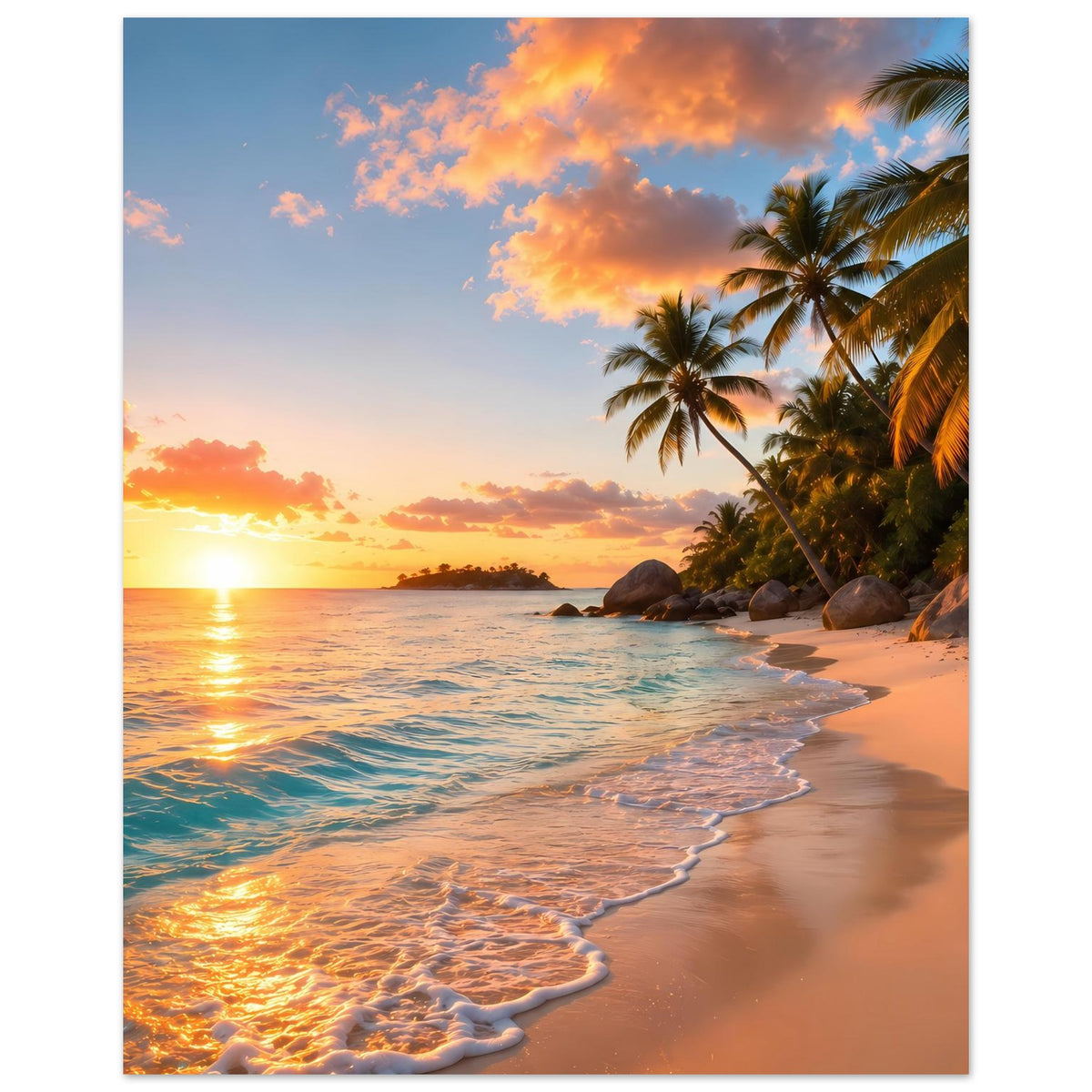 Poster mit tropischem Strand: orangefarbener Himmel, Palmen, goldene Sonne