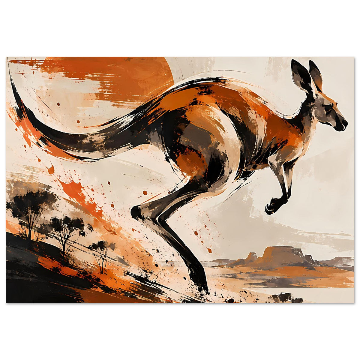 Tierposter mit springendem Känguru, kontrastreiche Pinselstriche in Braun-, Schwarz- und Orangetönen.