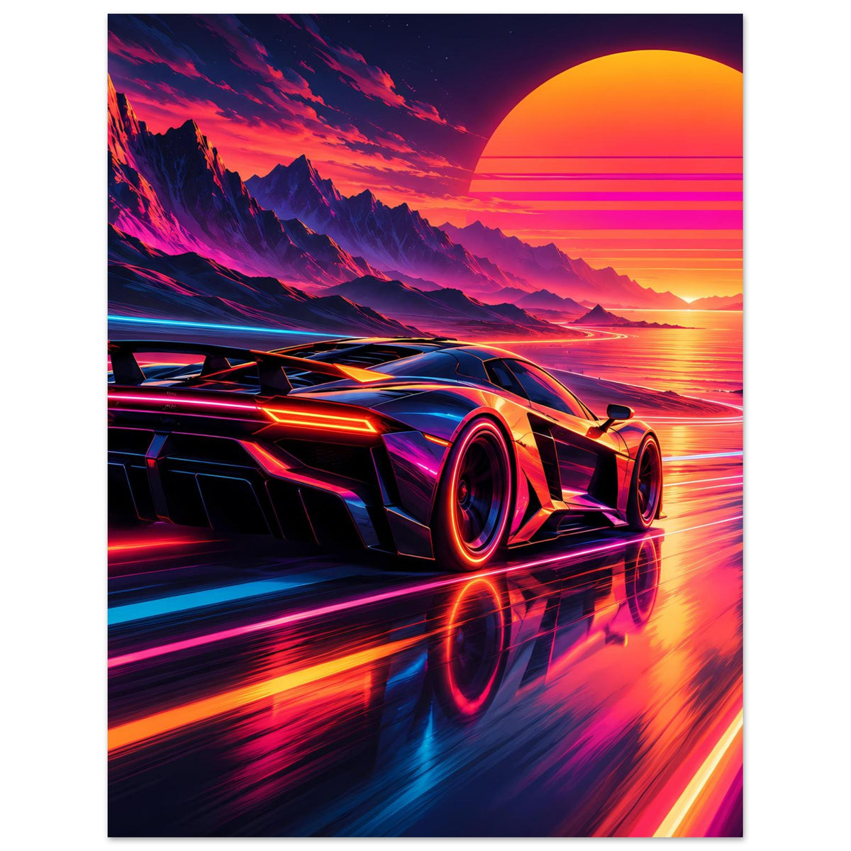 Poster mit futuristischem Neon-Sportwagen, Front und Cockpitansicht, große Reifen