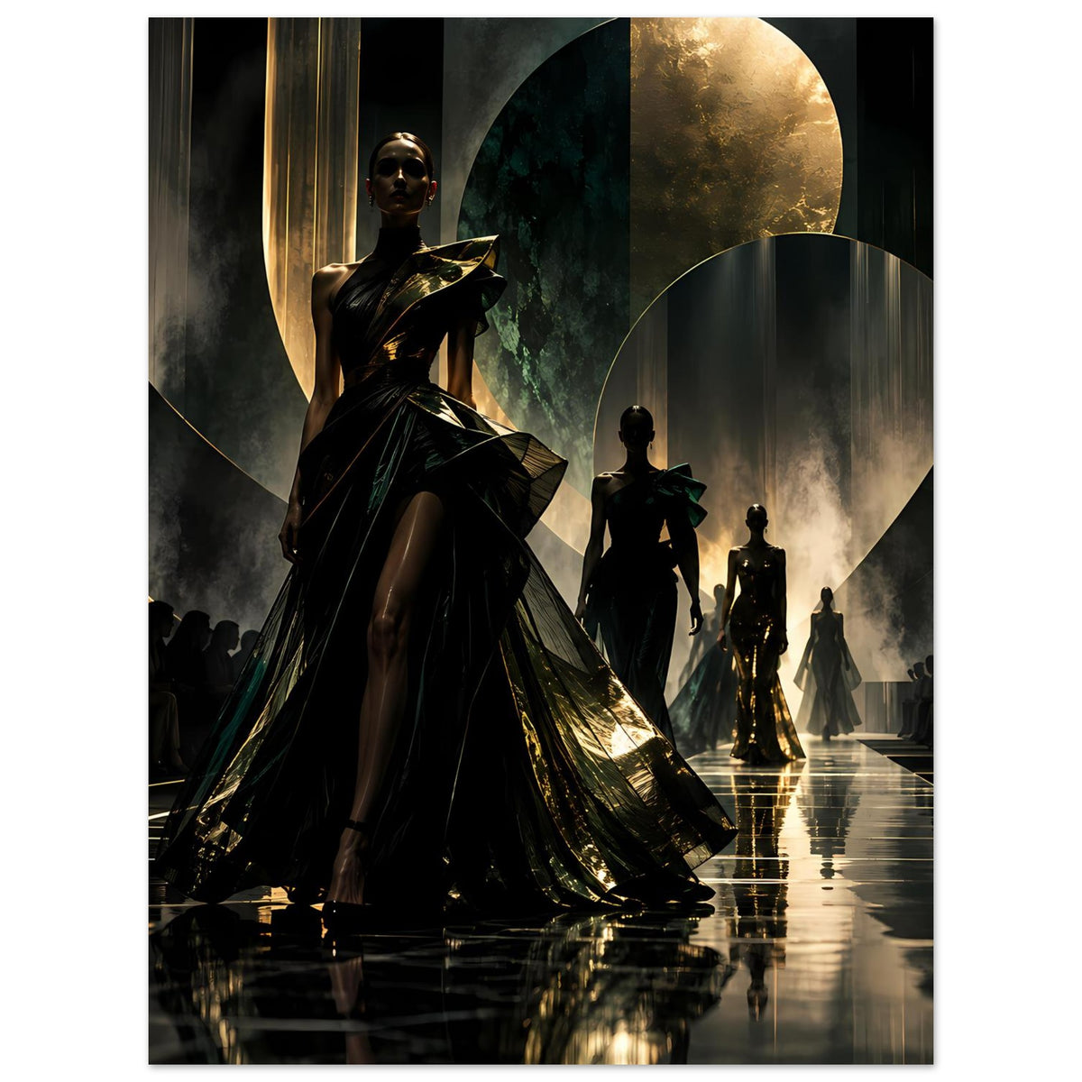 Fashion-Poster: zentrale schwarze Model-Silhouette, goldene Lichtpunkte und dekorativer Hintergrundbogen