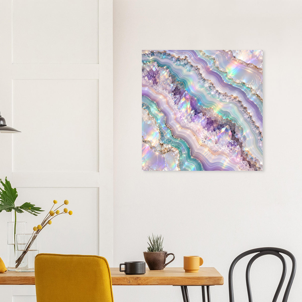 Holografisches Geode-Kristallposter, hochkant, mit funkelnden Schichtlinien in Lila, Blau und Türkis