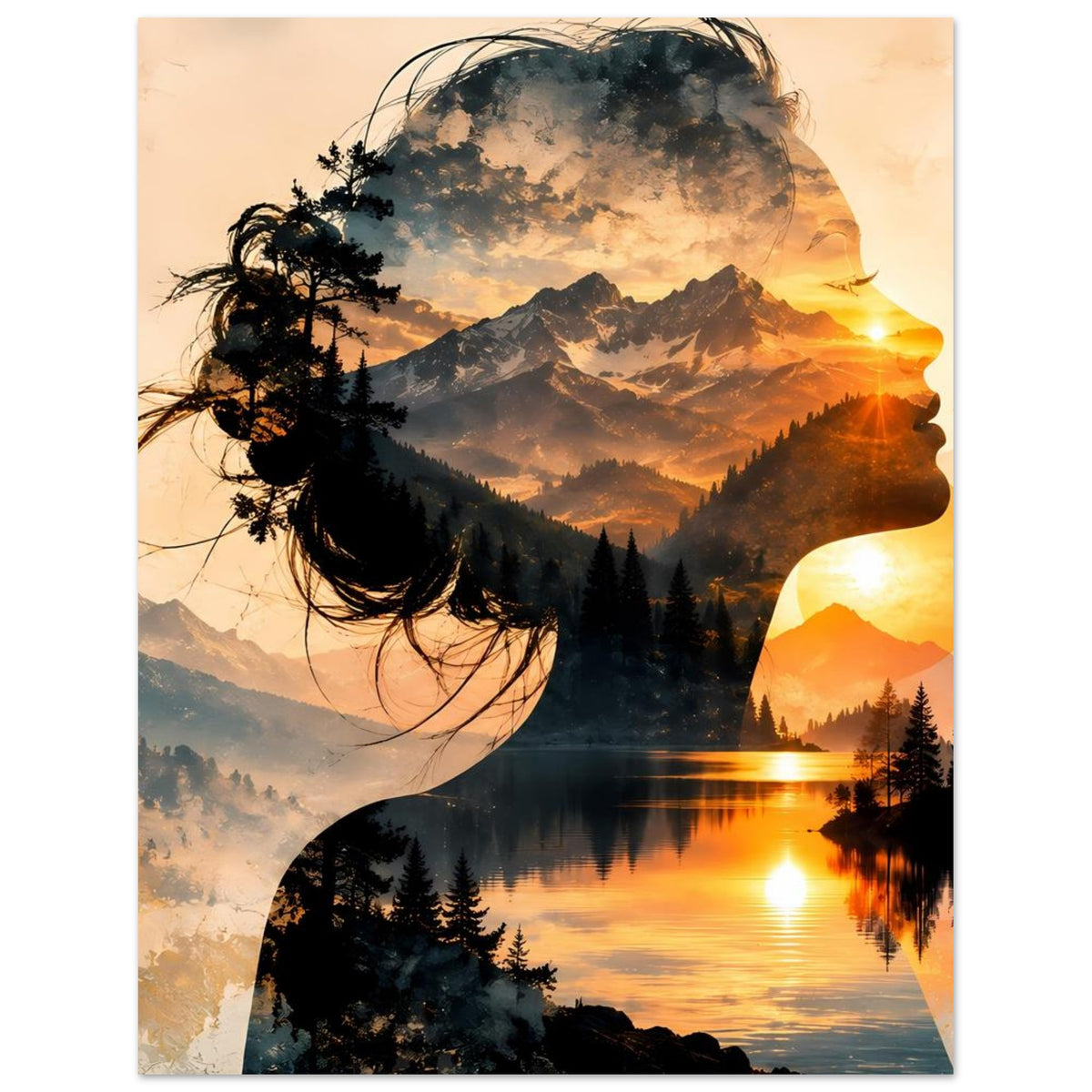 Poster mit Frauensilhouette, Bergsee-Landschaft und goldenen Sonnenuntergang, See-Reflexion