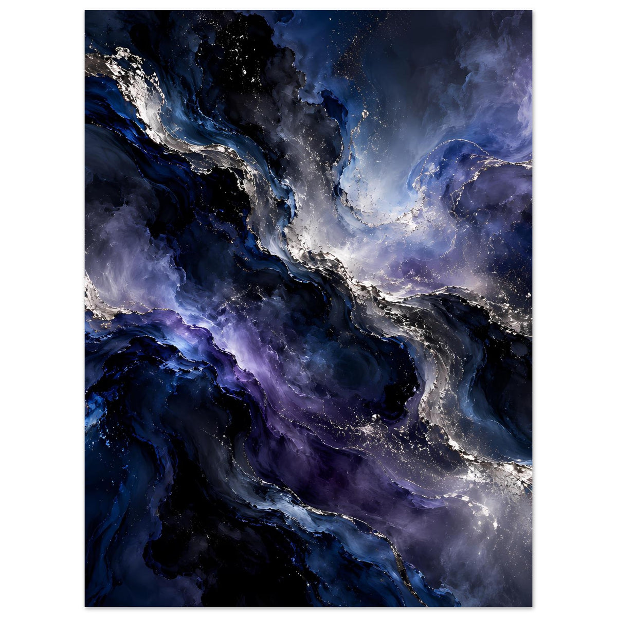 Vertikales Weltraum-Poster: dunkler blauer Kosmos mit silbernen Linien und violetten Wolken