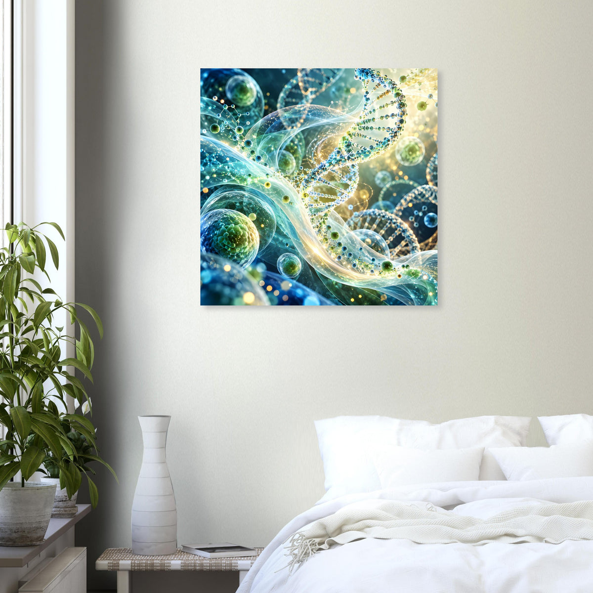 Quadratisches Poster: leuchtende DNA-Doppelhelix in Blau-Grün mit goldenen Lichtpunkten