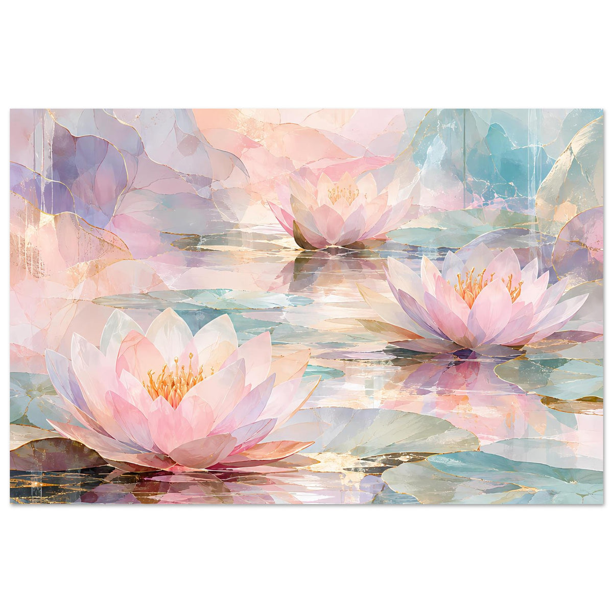 Wandposter mit Seerosenblüten auf Wasser, pastellige Rosa-, Blau- und Gelbtöne