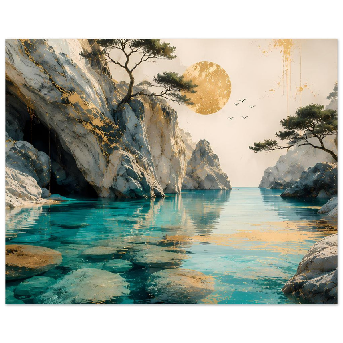Poster mit Küstenlandschaft: Uferfelsen links, ruhiges Meer, goldene Sonne im Hintergrund