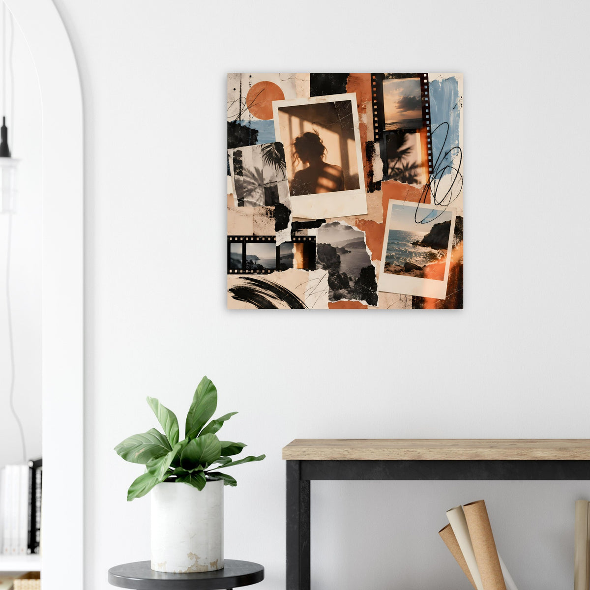 Quadratisches Wandposter mit Vintage-Collage aus Polaroids, Filmstreifen und Landschaftsausschnitten