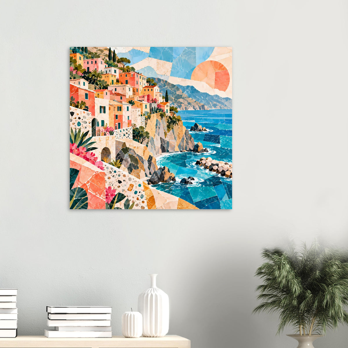 Kleines Poster mit Küstendorf, türkisblauem Meer und rundem Sonnenmotiv