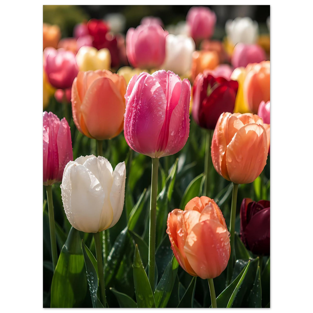 Tulpenblumen-Poster im Hochformat: gefleckte pinke Blüte und orangefarbene Knospen