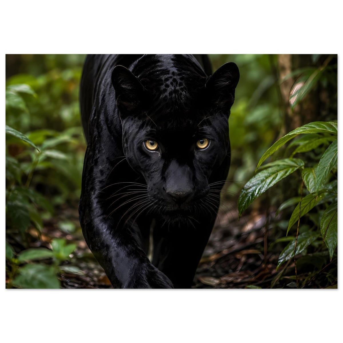 Poster mit schwarzem Panther, Vorderansicht im Wald, ganzer Körper