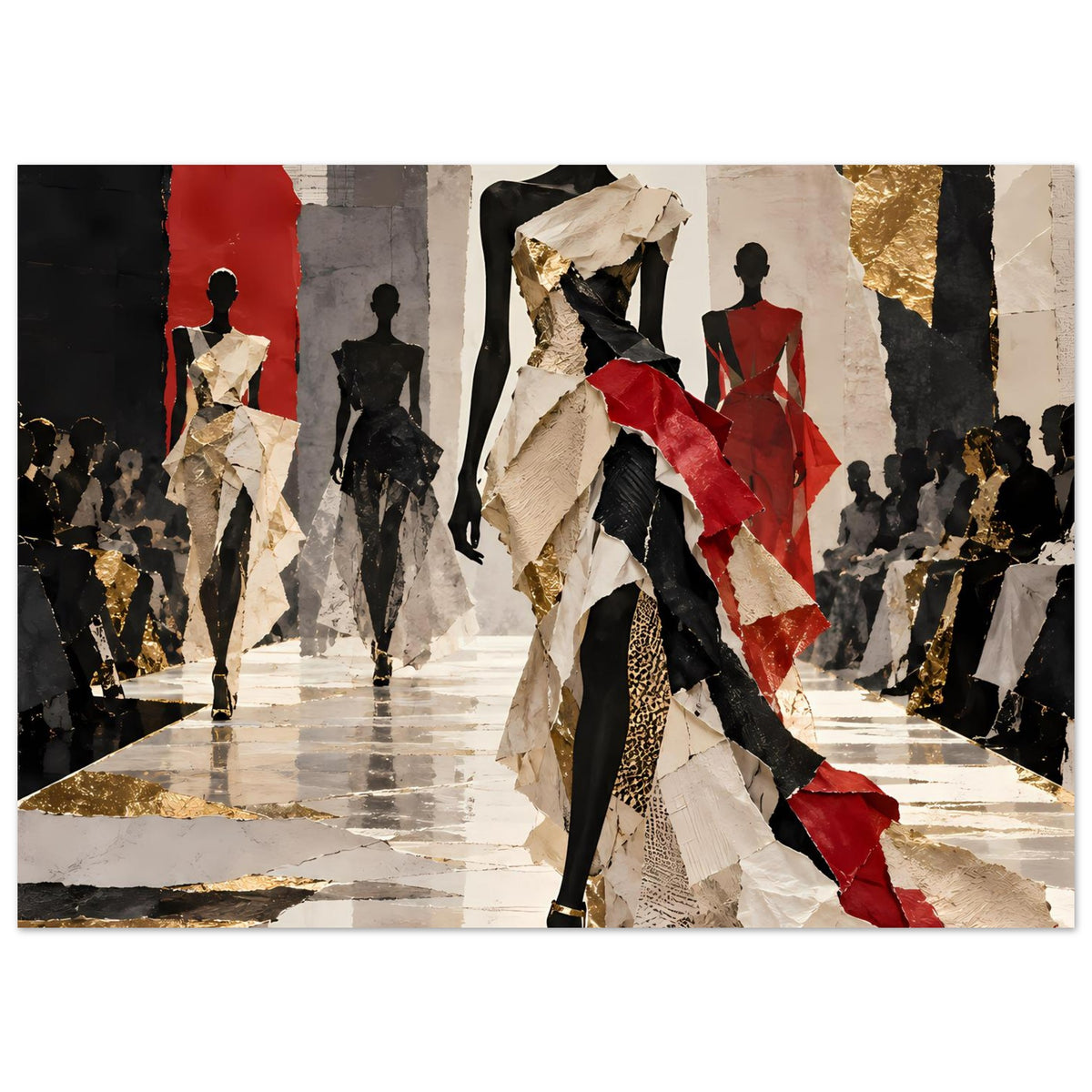 Modeposter mit Laufsteg und Publikum, rote Stoffbahnen, schwarze Silhouetten, goldene Akzente