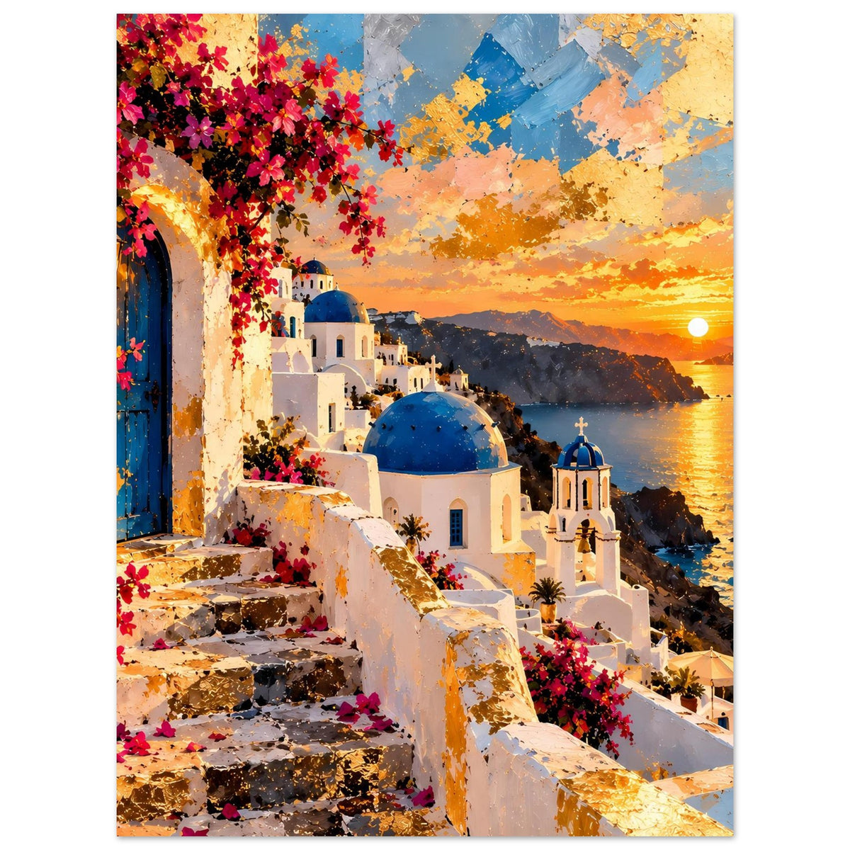 Poster mit Treppen, weißen Häusern, blauer Kuppel, roten Blüten und Sonnenuntergang über dem Meer