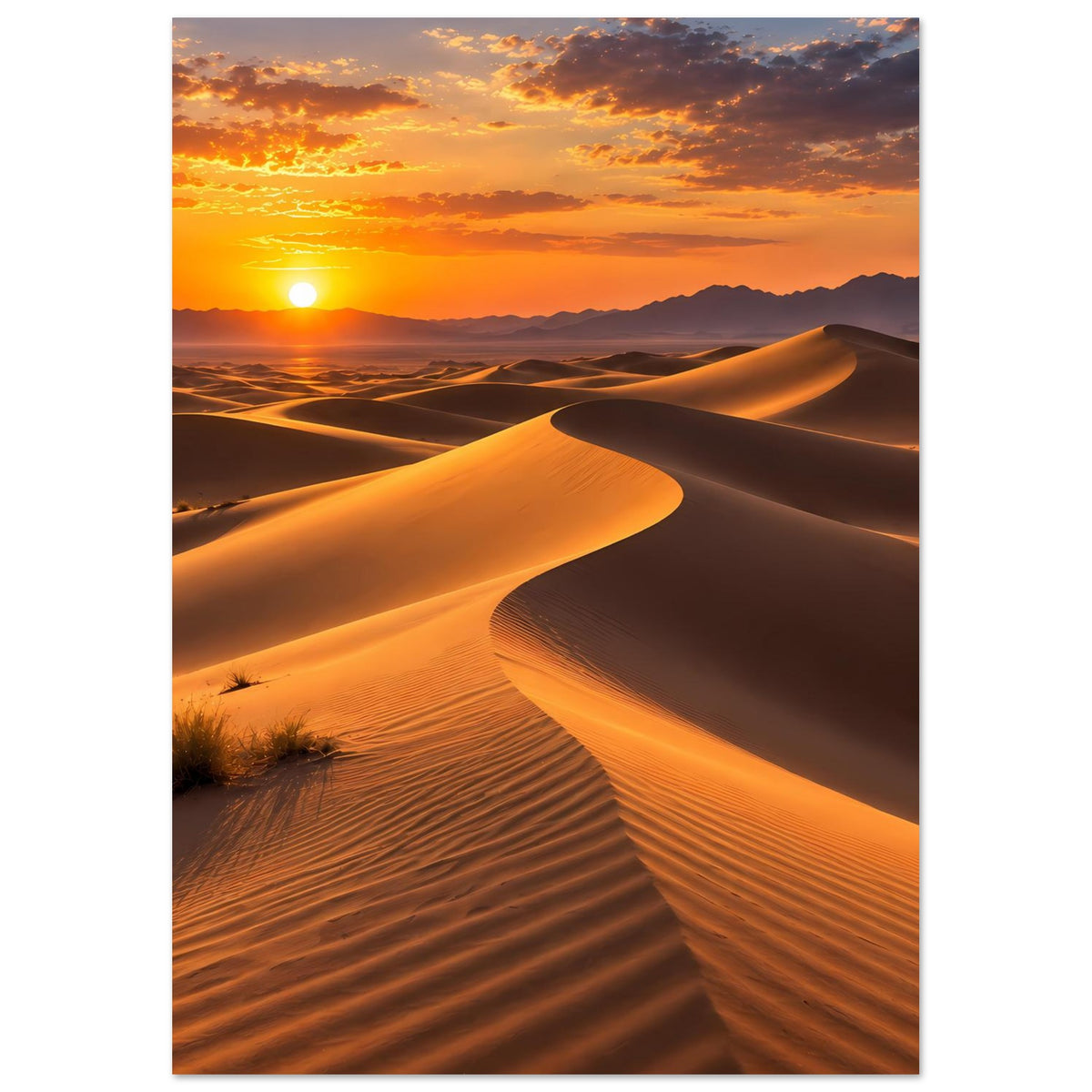 Wüsten-Sonnenuntergang-Poster im Hochformat: warme Sanddünen mit tiefen Lichtkanten