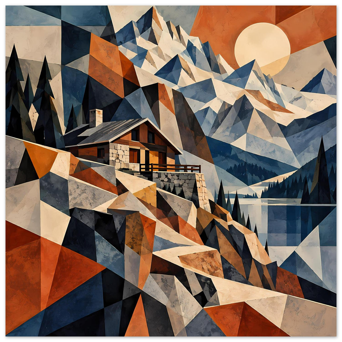 Geometrisches Poster mit Berghaus im Vordergrund und Bergkämmen, Blau und Rostrot