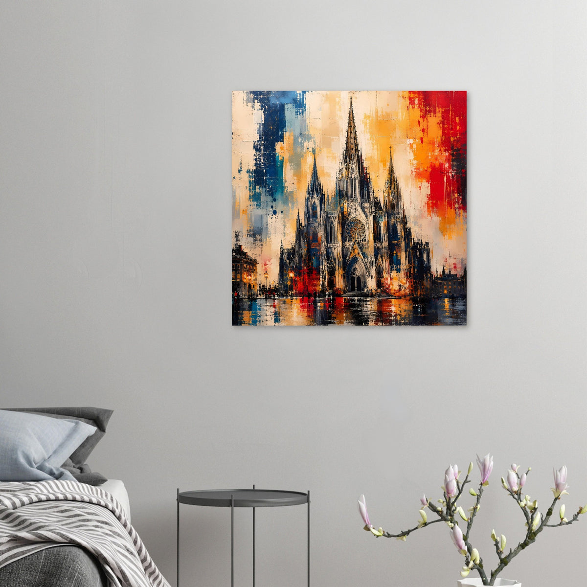 Poster mit gotischer Kathedrale im Aquarellstil, markante Farbflecken in Blau und Rot