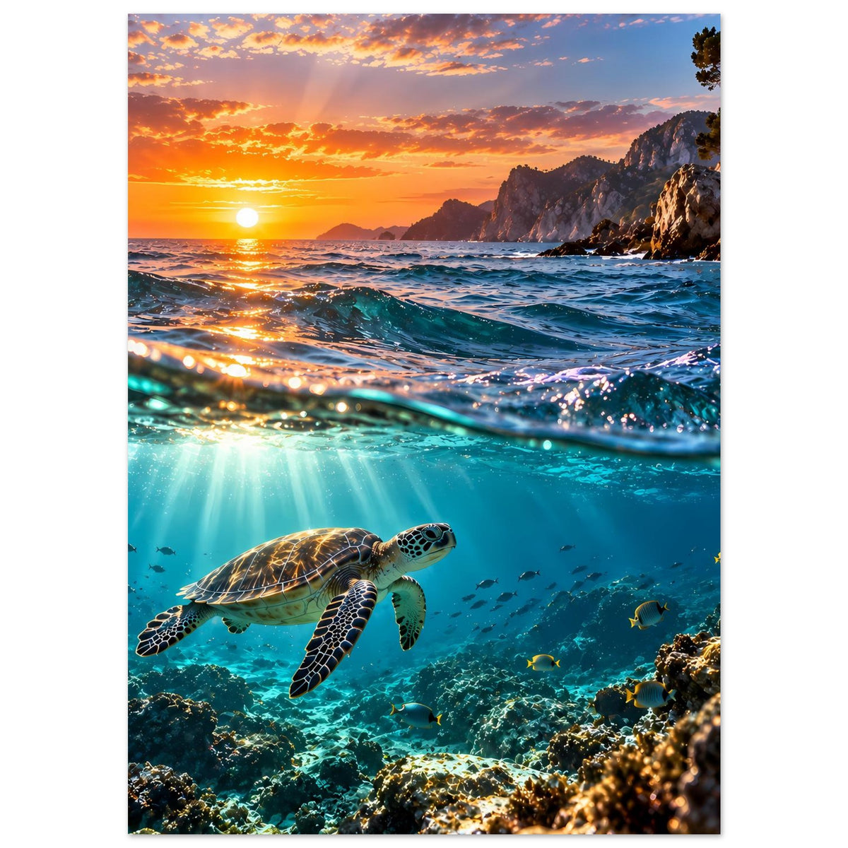 Vertikales Poster: Meerschildkröte im Vordergrund, Sonnenuntergang über der Küste