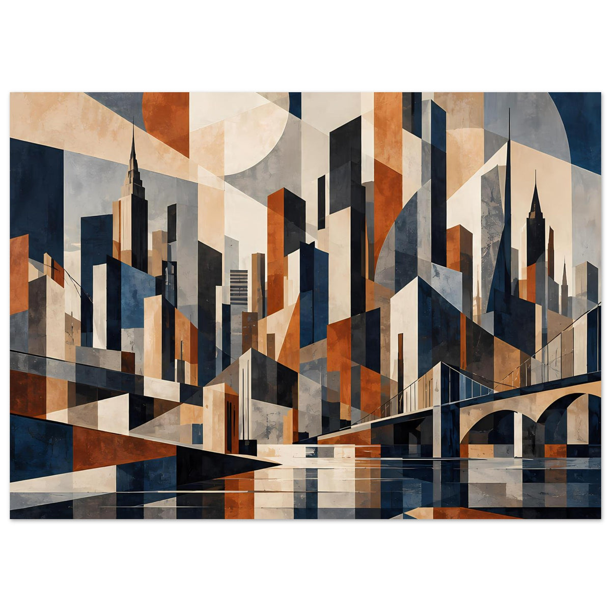 Poster im Querformat mit abstrakter Skyline, dunklen Türmen und Akzenten in Rostrot