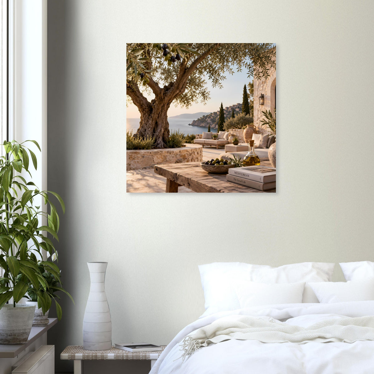 Poster mit mediterraner Terrasse, Baumkrone und Blick bis zum Meer