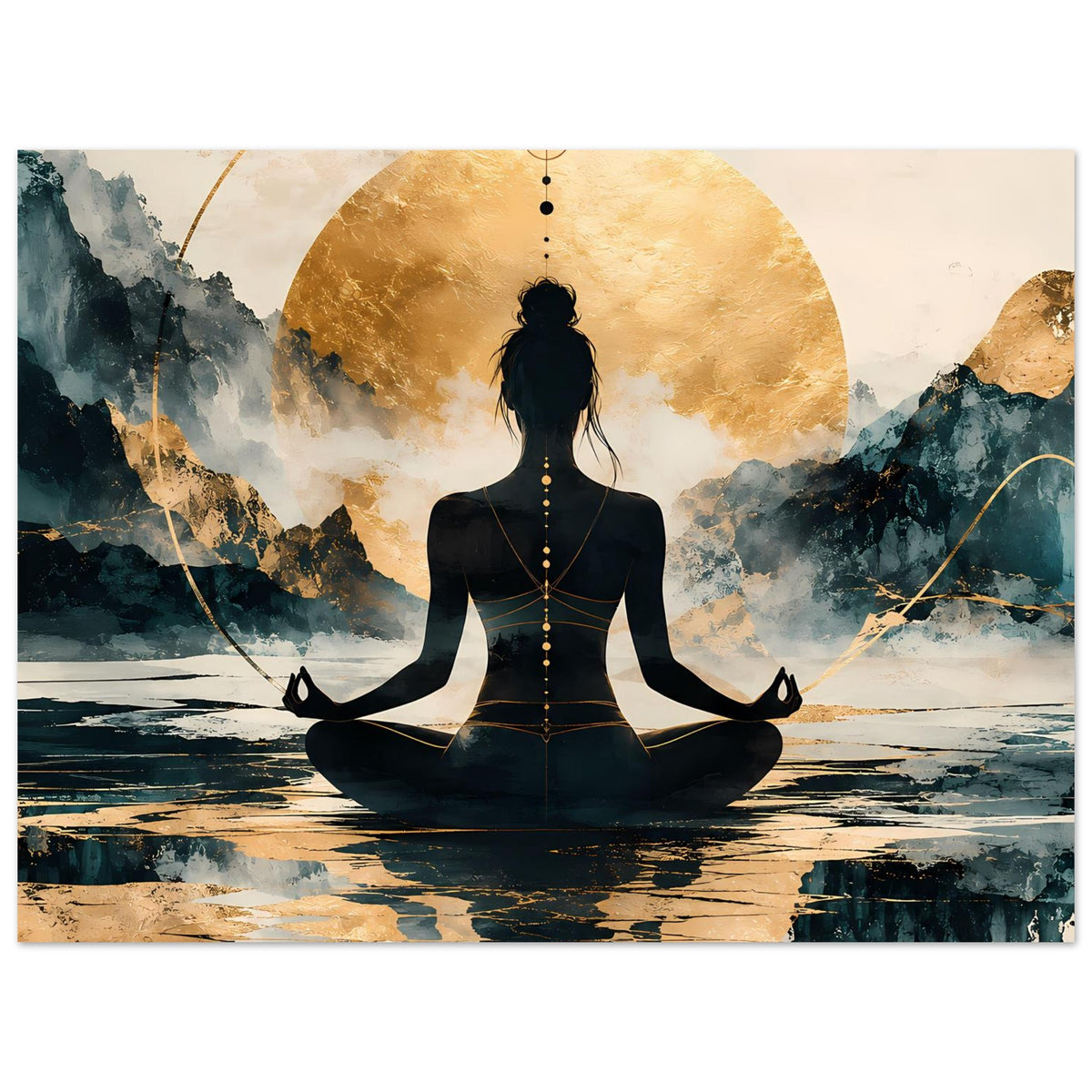 Querformatiges Poster mit Meditationssilhouette im Lotussitz vor goldener Kreisform