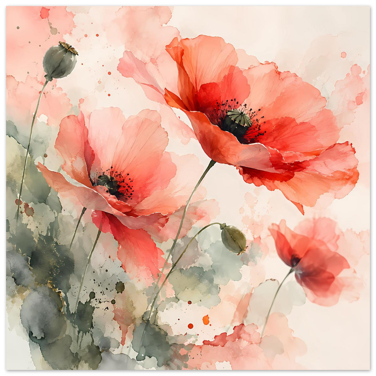 Aquarellposter mit Korallrosa Mohnblüten und grünlich-grauen Blütenknospen im Detaillook