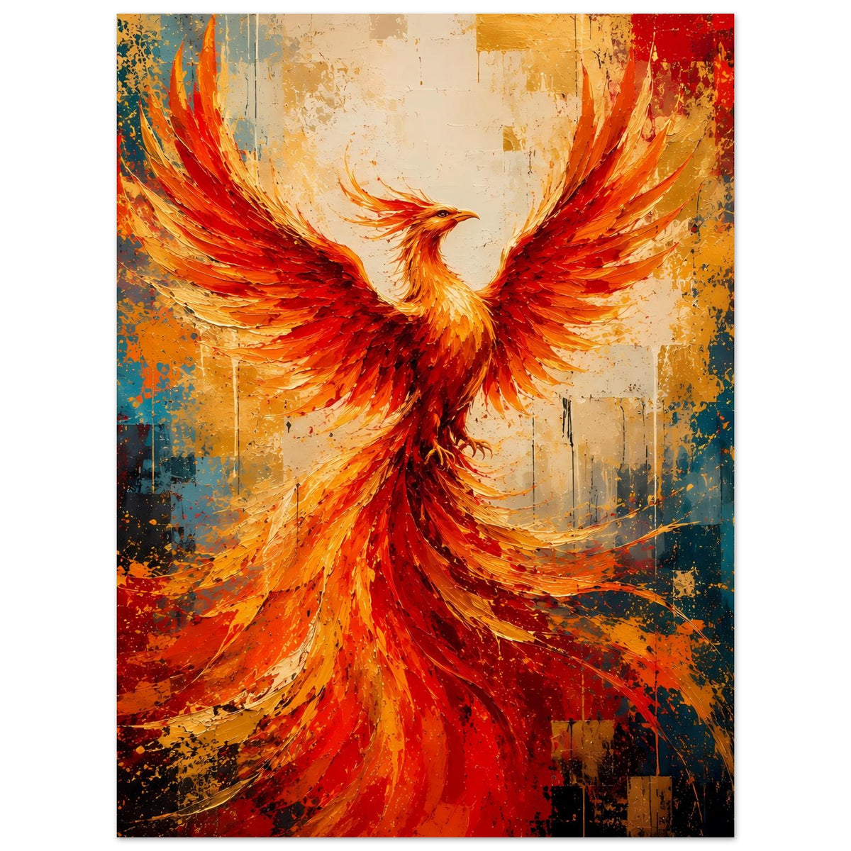 Poster mit leuchtendem Phönix, weit ausgebreiteten roten und orangefarbenen Flügeln