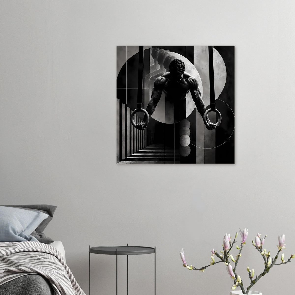 Gymnastik-Poster: Turner greift Ringe, Schwarzweißmotiv in rechteckigem Bildrahmen.