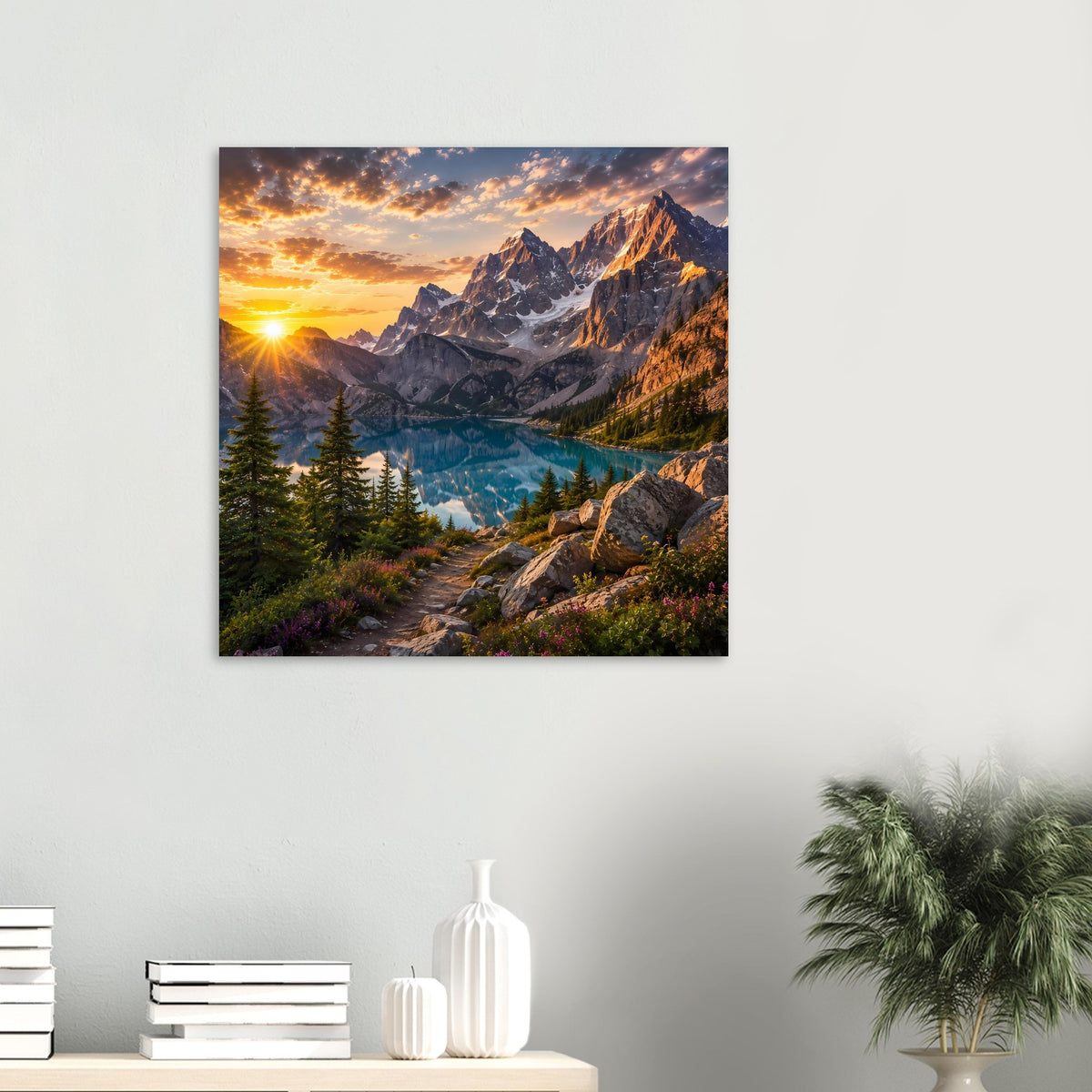 Quadratisches Poster mit Bergsee-Landschaft und Sonnenaufgang zwischen Felsbergen