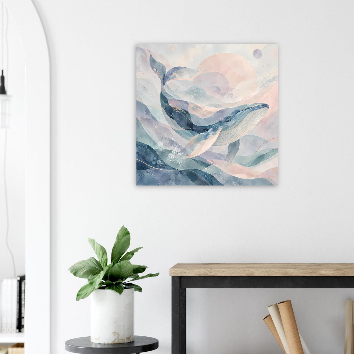 Kunstposter im Quadratformat mit abstraktem Wal, Pastellblau und hellen Wolken