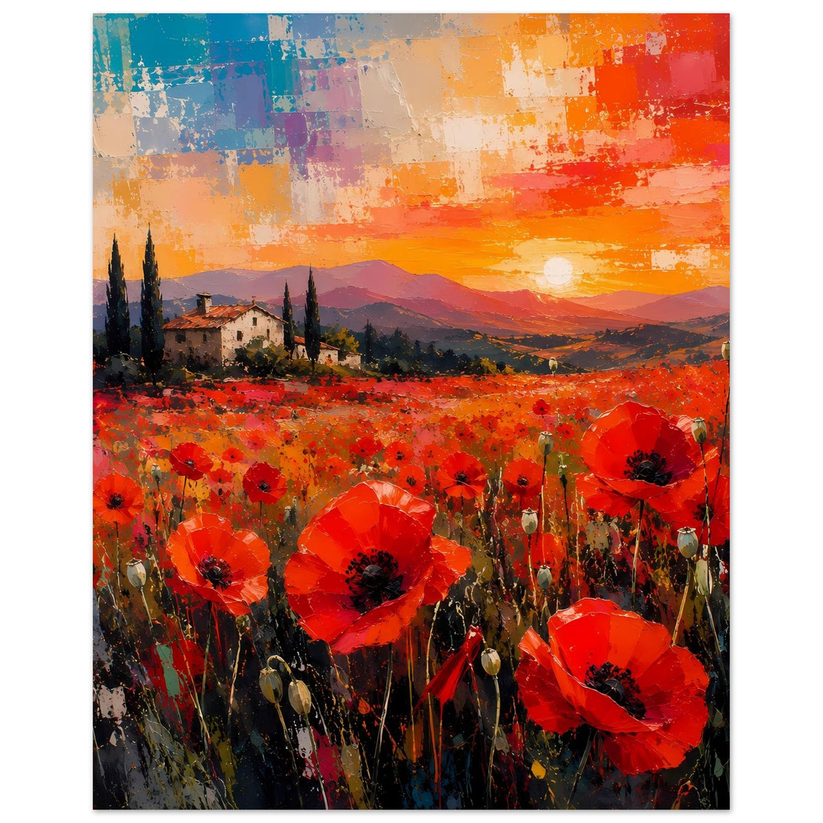 Poster, mittig zugeschnitten: rotes Mohnfeld mit großer roter Blüte und Abendsonne