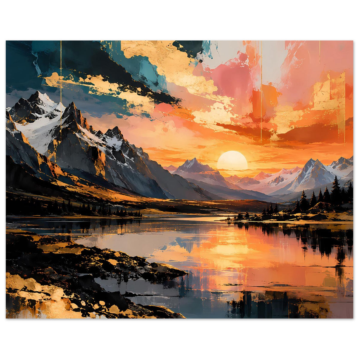 Poster-Landschaft mit Bergen, ruhigem See und orangefarbenem Himmel bei Sonnenuntergang