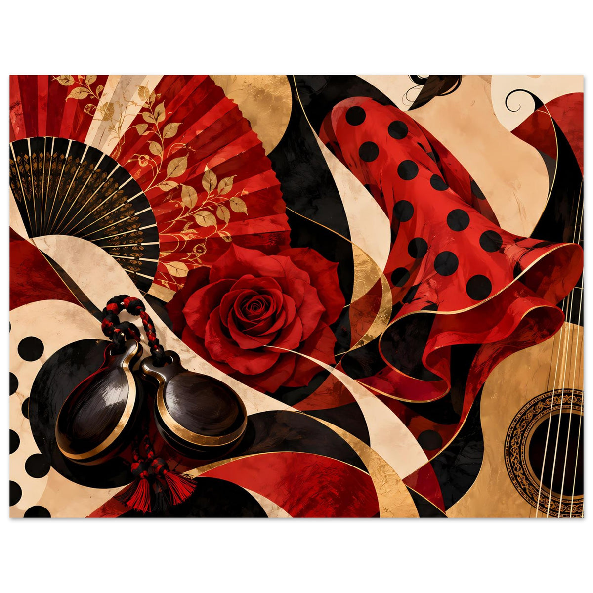 Flamenco-Poster mit Fächer, roter Rose und Polka-Dot-Schleppe, querformat