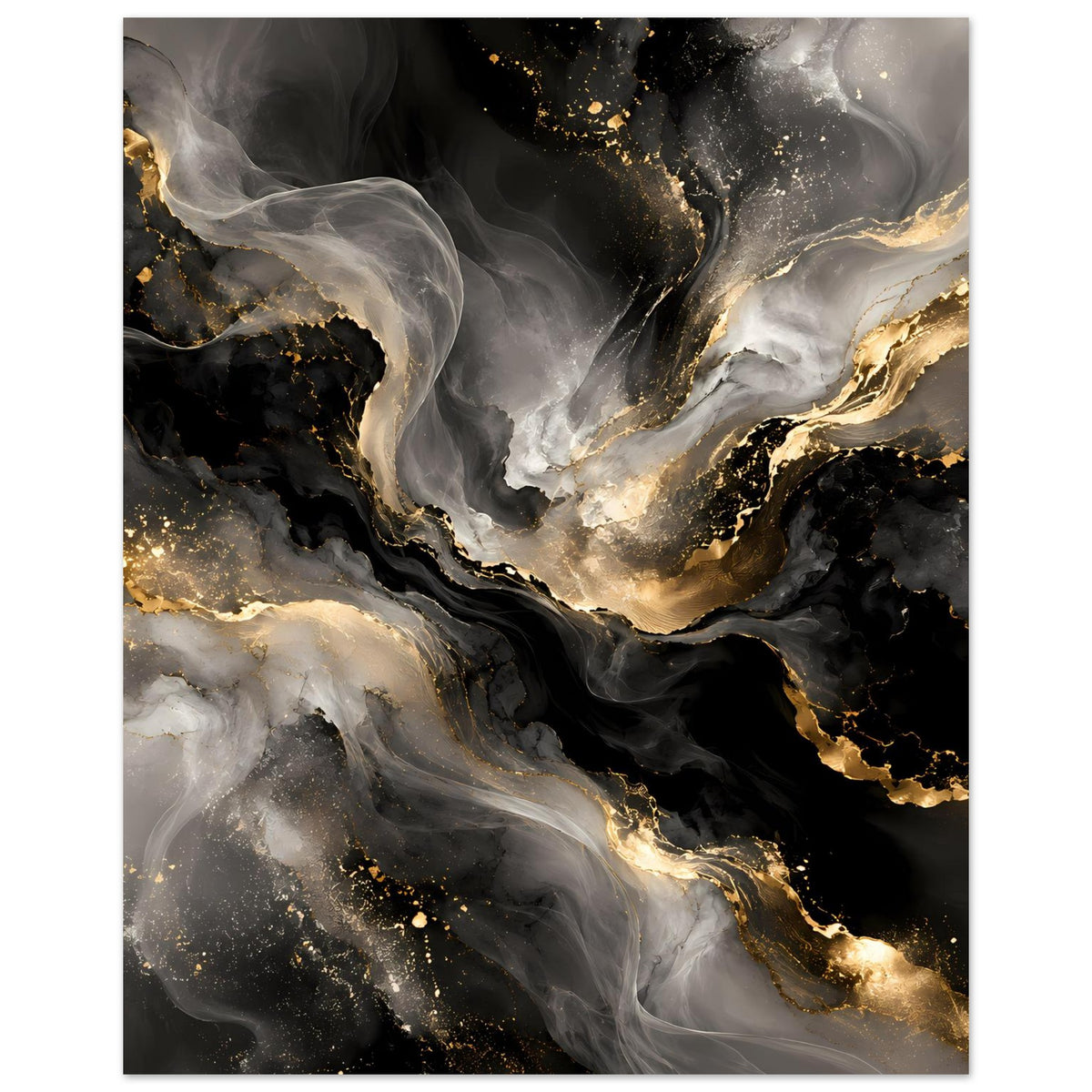 Abstraktes Kunstposter mit grauen Rauchwirbeln, schwarzem Grund und goldenem Schimmer