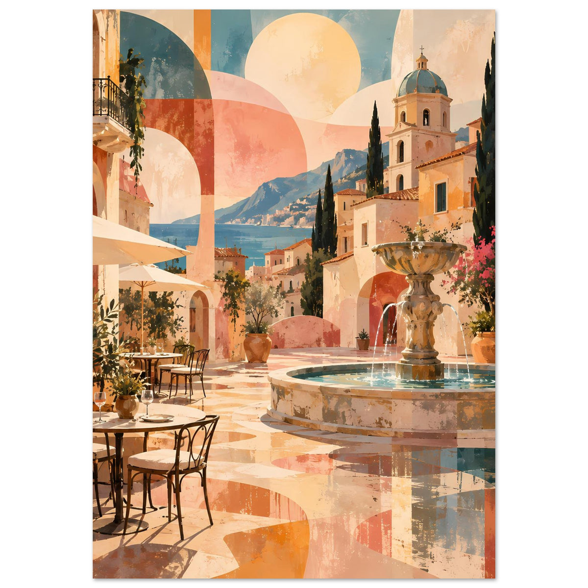 Mediterranes Poster (hochkant) mit Poolbrunnen, Terrasse und warmen Pastelltönen