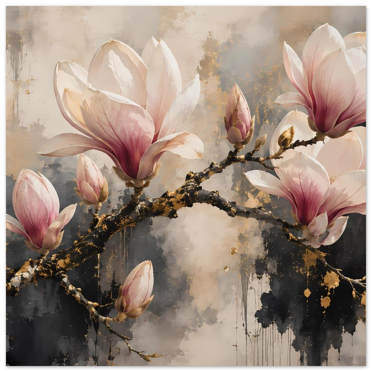Magnolien-Blütenposter: goldener Ast mit rosa-weißen Blüten, helle Sprühflecken im Hintergrund