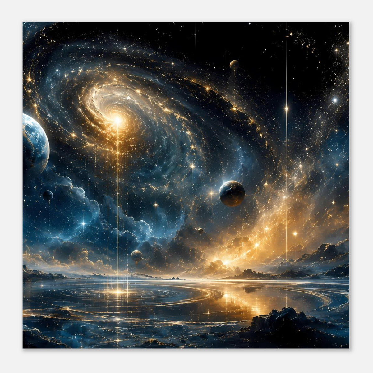 Weltraum-Poster mit Spiralgalaxie, Planeten, Sternen und Panorama-Reflexion