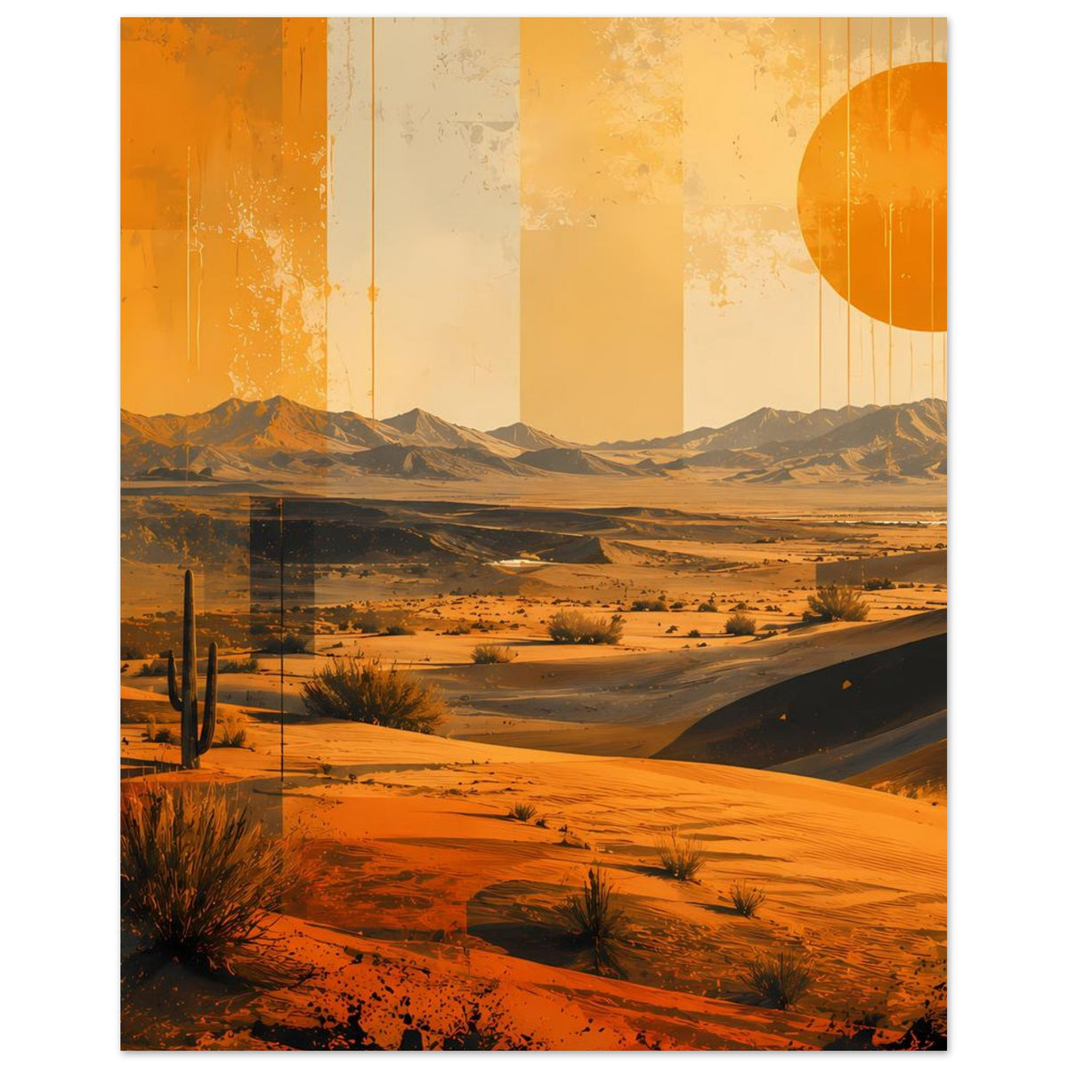 Wüstenposter mit Kakteen, Sanddünen und orangefarbener Sonne im Retro-Design