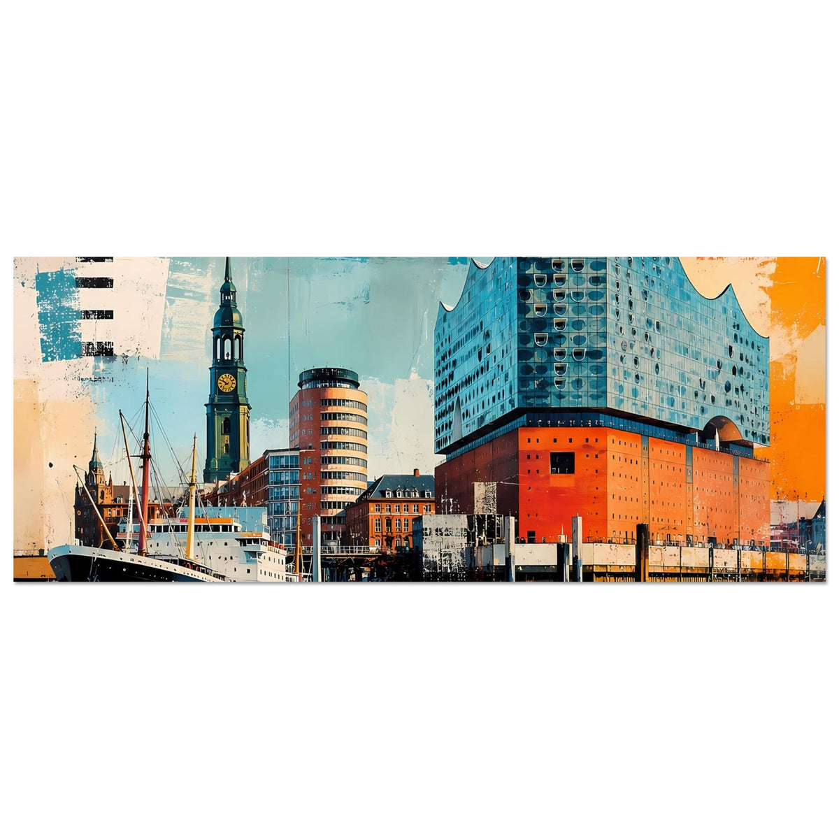 Horizontales Poster mit Elbphilharmonie und Hafen, türkis- orange Farbflächen