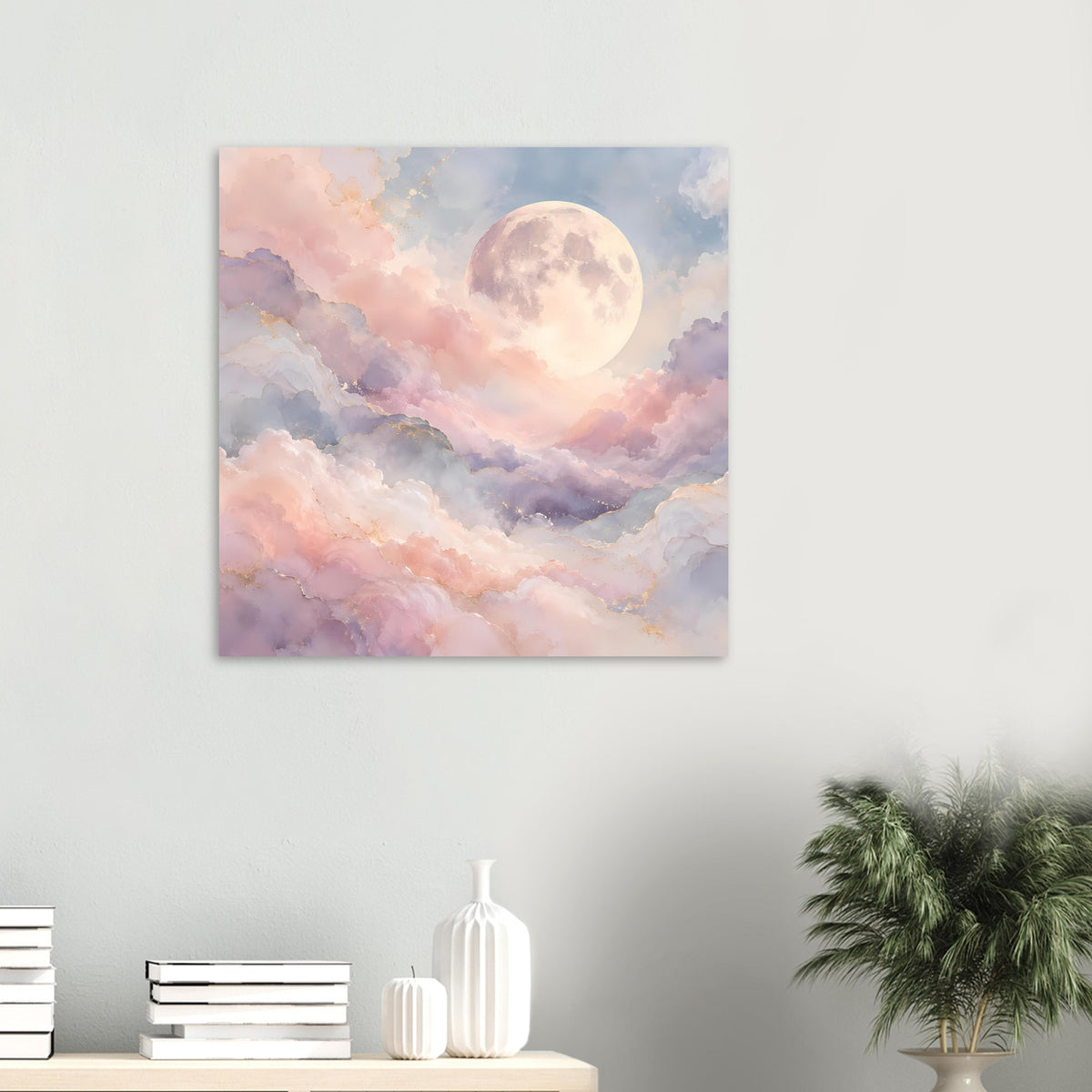 Quadratisches Poster mit Vollmond und Wolken in zarten Pastelltönen