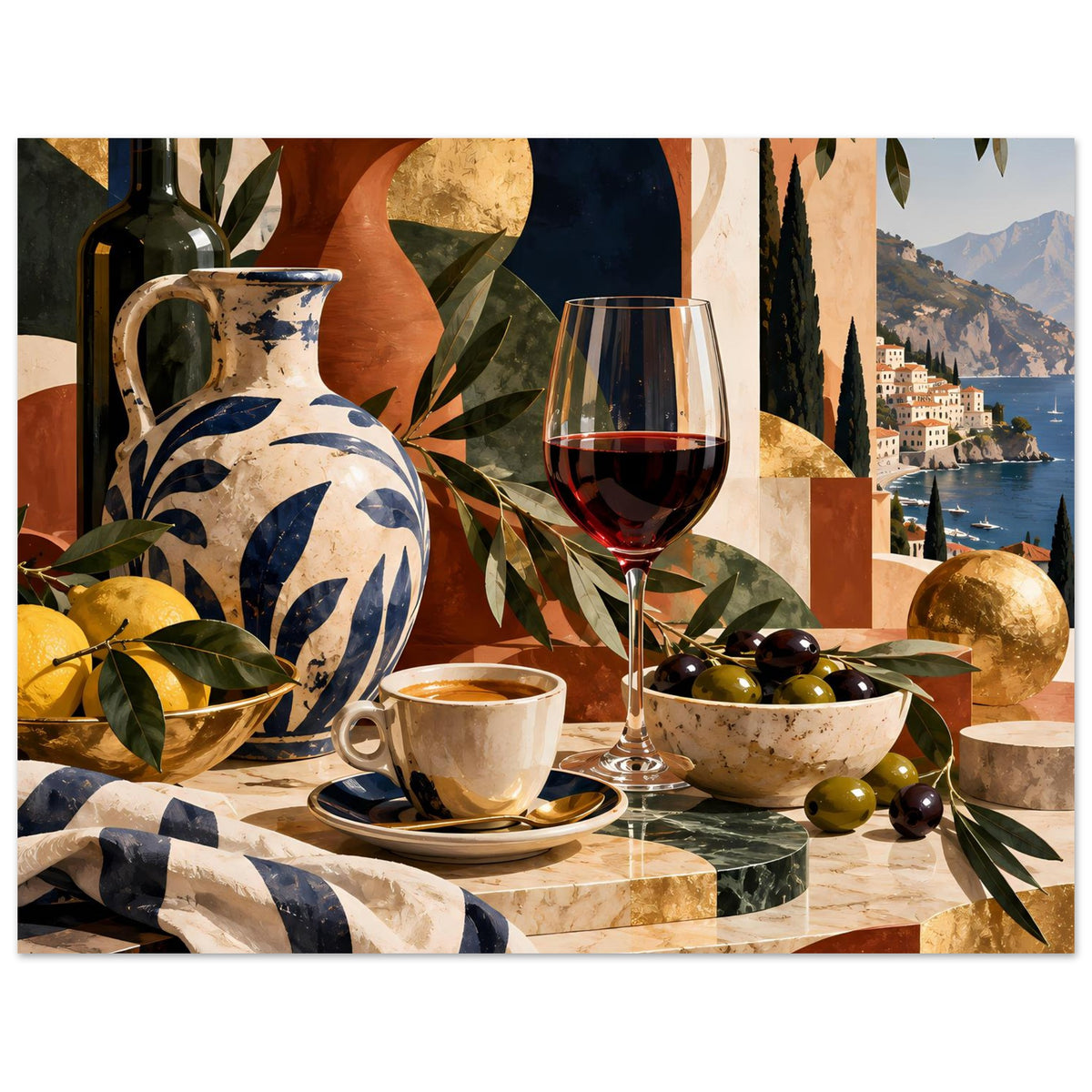 Poster mit mediterranem Stillleben: Vase, Weinglas, Tasse, Oliven in Schale und Küstenblick