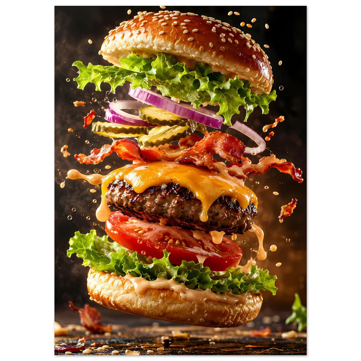 Poster mit Burger-Illustration, leicht schmal: Brötchen, Käse, Salat und Fleischschichten.