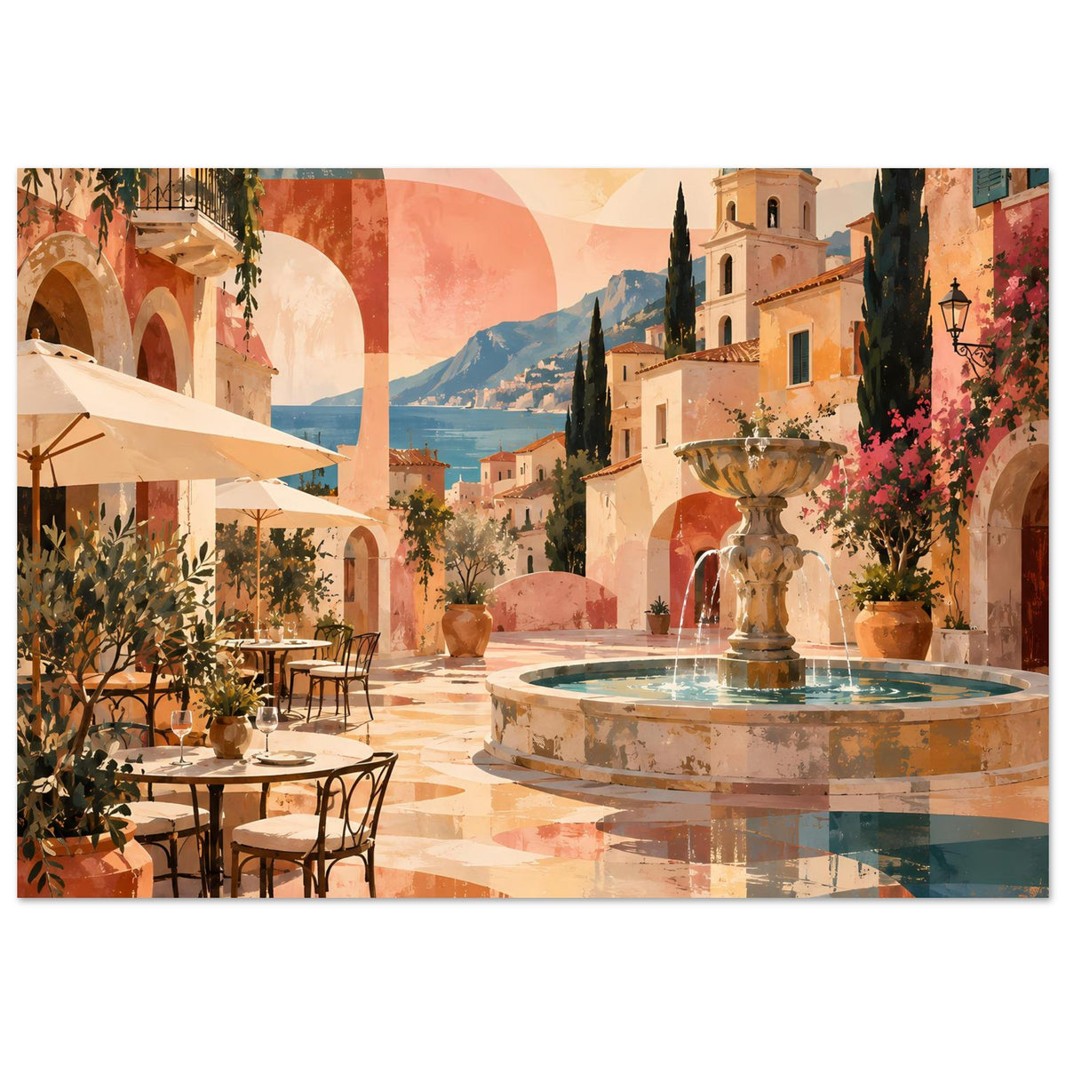 Poster mit mediterranem Innenhof, Brunnenbecken und warmen Pastellfarben, vollflächig