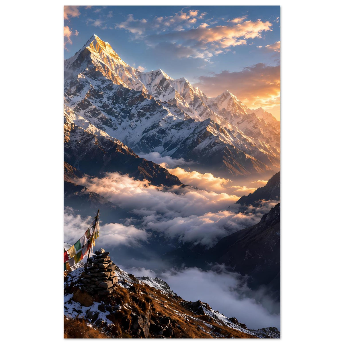 Hochformatiges Bergposter mit Sonnenaufgang, schneebedeckten Gipfeln und Gebetsfahnen