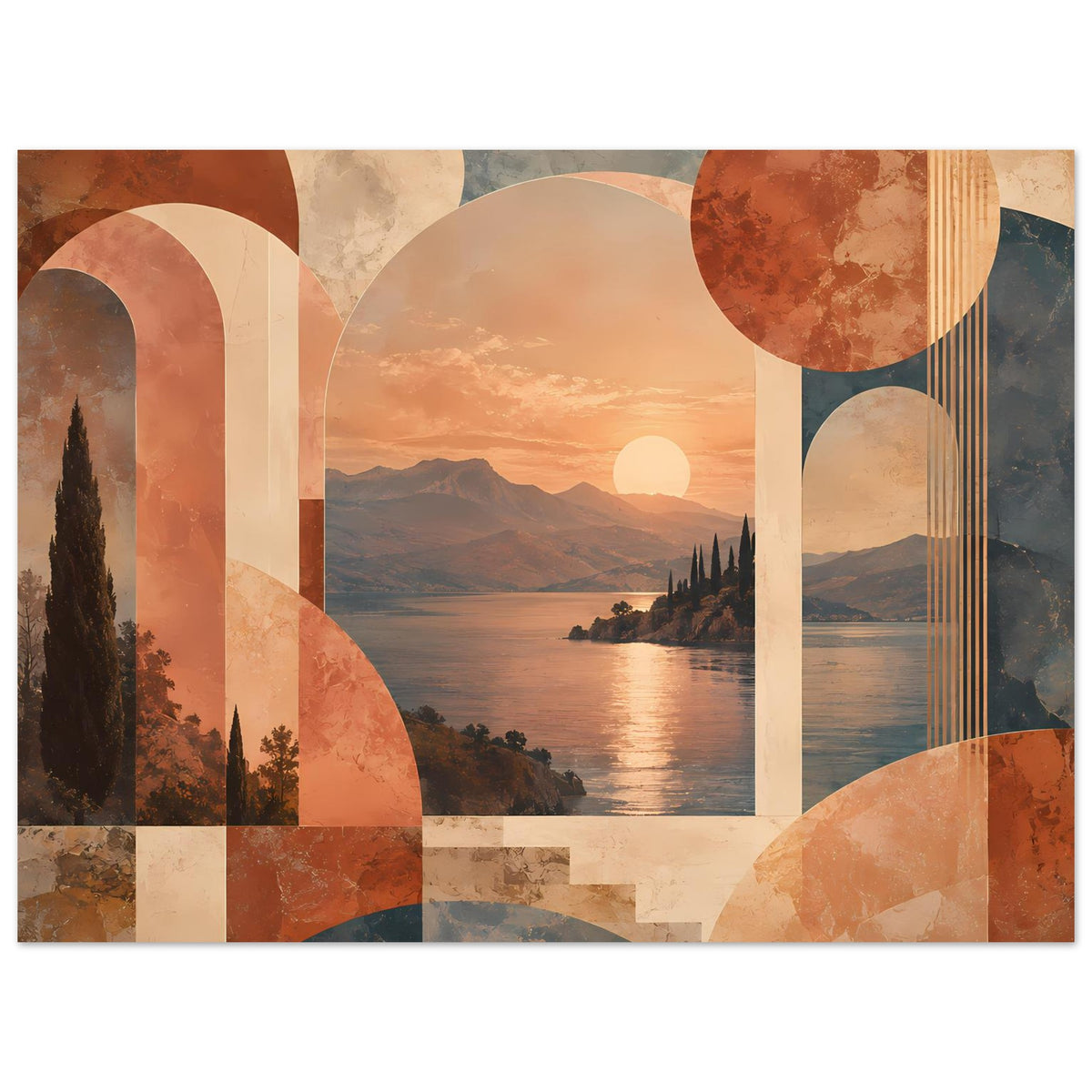 Abstraktes Poster im Hochformat mit warmem Sonnenuntergang, geometrischen Rahmen und Kreisen